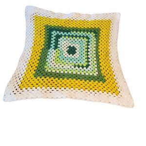 Hand Crochet Granny Square Blanket Green and Yellow 70s Vibe 34x34 Boho Cottage